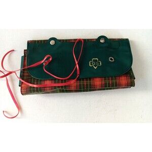 Vintage Girl Scout Travel Toiletry Kit Red & Green Plaid with Tie Closure 1960s